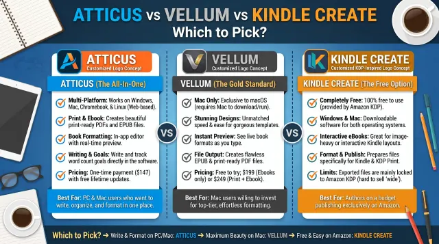 Atticus vs Vellum vs Kindle Create: Which to Pick